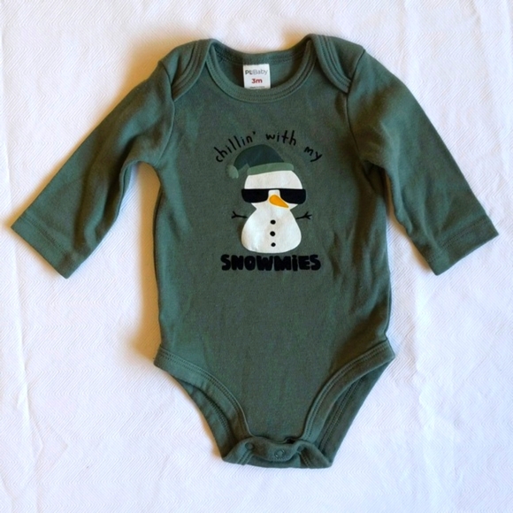 petit lem green snowman graphic long sleeve bodysuit diaper shirt 3 months baby - Picture 1 of 8